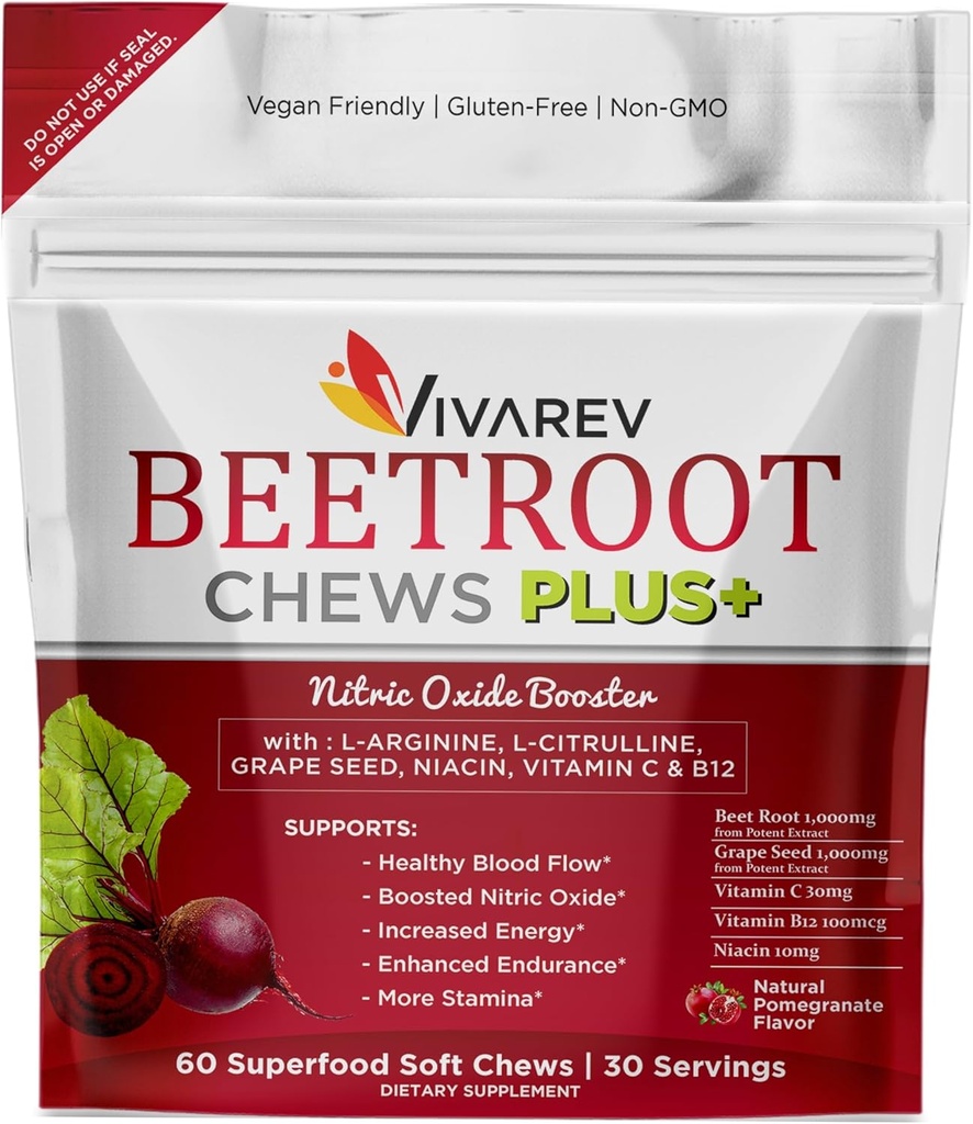 Beetroot Nitric Oxide 补充剂 - 1 000mg Beet 粉末加L Arginine、L Citrulline、葡萄籽提取剂、Niacin、维生素C和B12 - Beet Chews - 60包