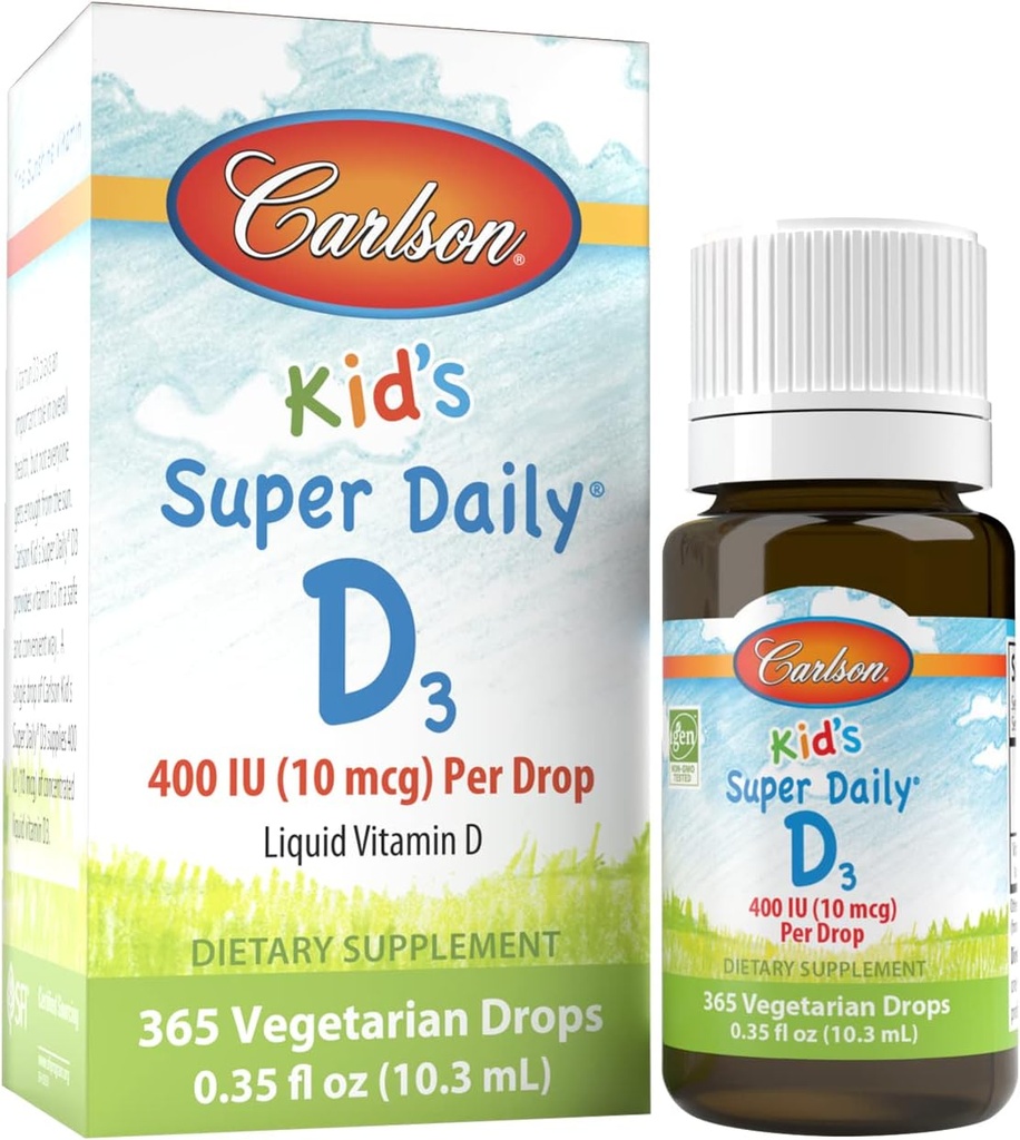 卡尔森 — Kid's Super D3, Kids Vitamin D D Ddrops, 400 IU( 10 mcg) 每滴, 心脏健康, 免疫支持, 蔬菜, 液体维生素 D D 滴, 不受欢迎, 365 滴
