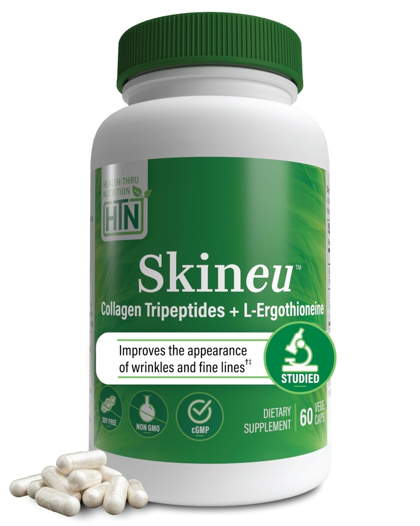 Skineu Collagen Tripeptide + L-Ergothioneine + L-Egothioneine 高级抗衰老公式 → Morikol → Marine Collagen → 支持皮肤水分,弹性和联合健康 → N-GMO & Gluten-free → 60 Vege Capsules