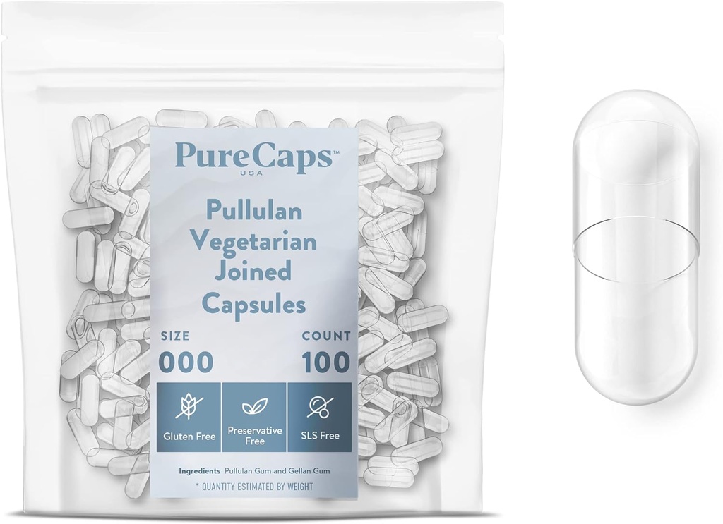 纯Caps USA - 空的蔬菜 Vegan Pullulan Pill Capules 尺寸 000 → 1000 加入 Pills| Clear → 非GMO认证 → SLS, Gluten, 防腐自由