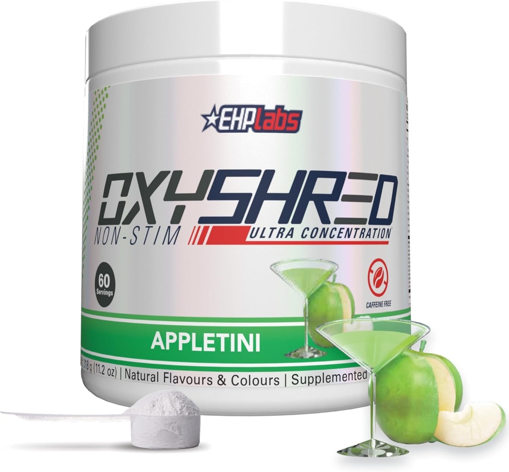 EHP Labs OxyShred 非兴奋剂 工作前粉 - Stim Free Pre Workout, Cafeine Free Prework for Men and Women with L Glutamine & Acetyl L Carnitine - Apple, 60 services (英语).