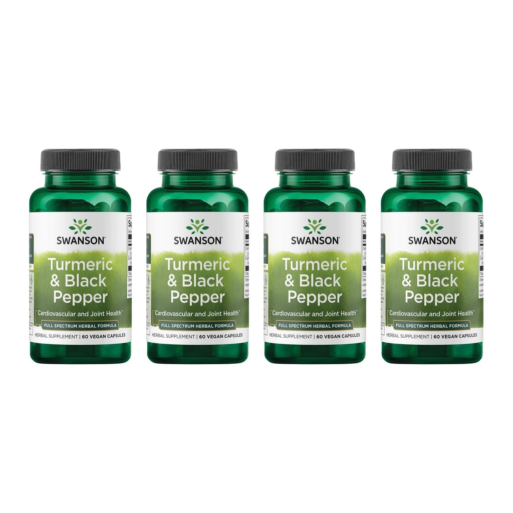 Swanson Turmeric & Black Pepper - 有机联合健康,心脏健康,文摘, & Liver支持补充 - 增强生物利用率和吸收的自然公式 - (60 Veggie Capsules) 4 Pack
