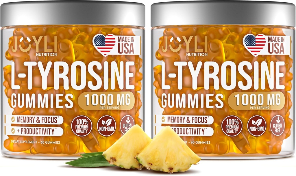 2 Pack - Joyli L-Tyrosine Gummys 1000MG - 无糖Vegan Focus Supplement & Mood 支持儿童与成年人 – 500 mg Per Gummy - 睡眠Gummy for memory, Energy & Wellness - 60 Pcs 每包