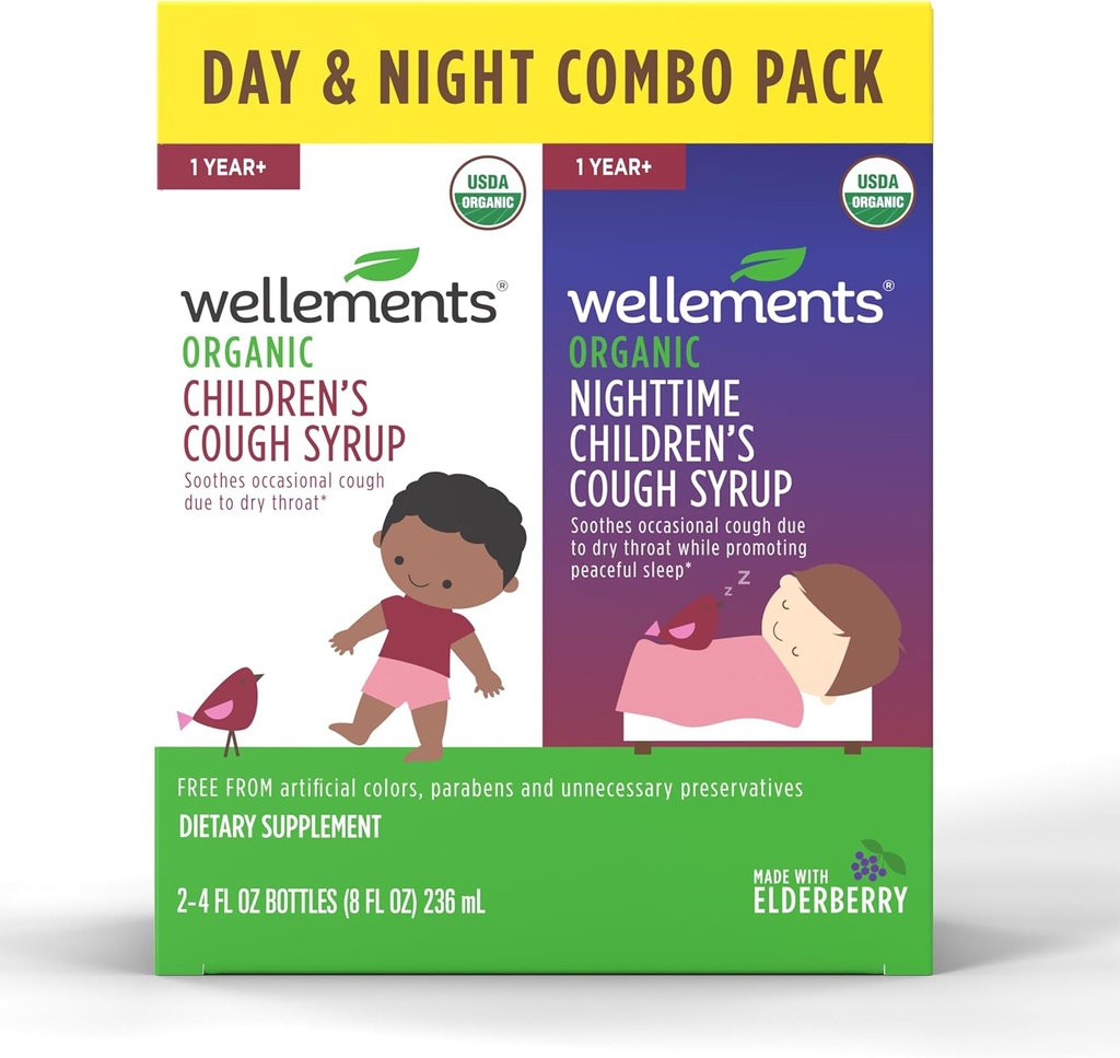 (原始内容存档于2018-09-29) (英语). Wellements Organization Day & Nighttime Children's Cough Combo Syrup – Soothing Daytime & Nighttime Cough Relief UDA Official – 价值包装(2) 4 Fl Oz. Bottles, 1年+).