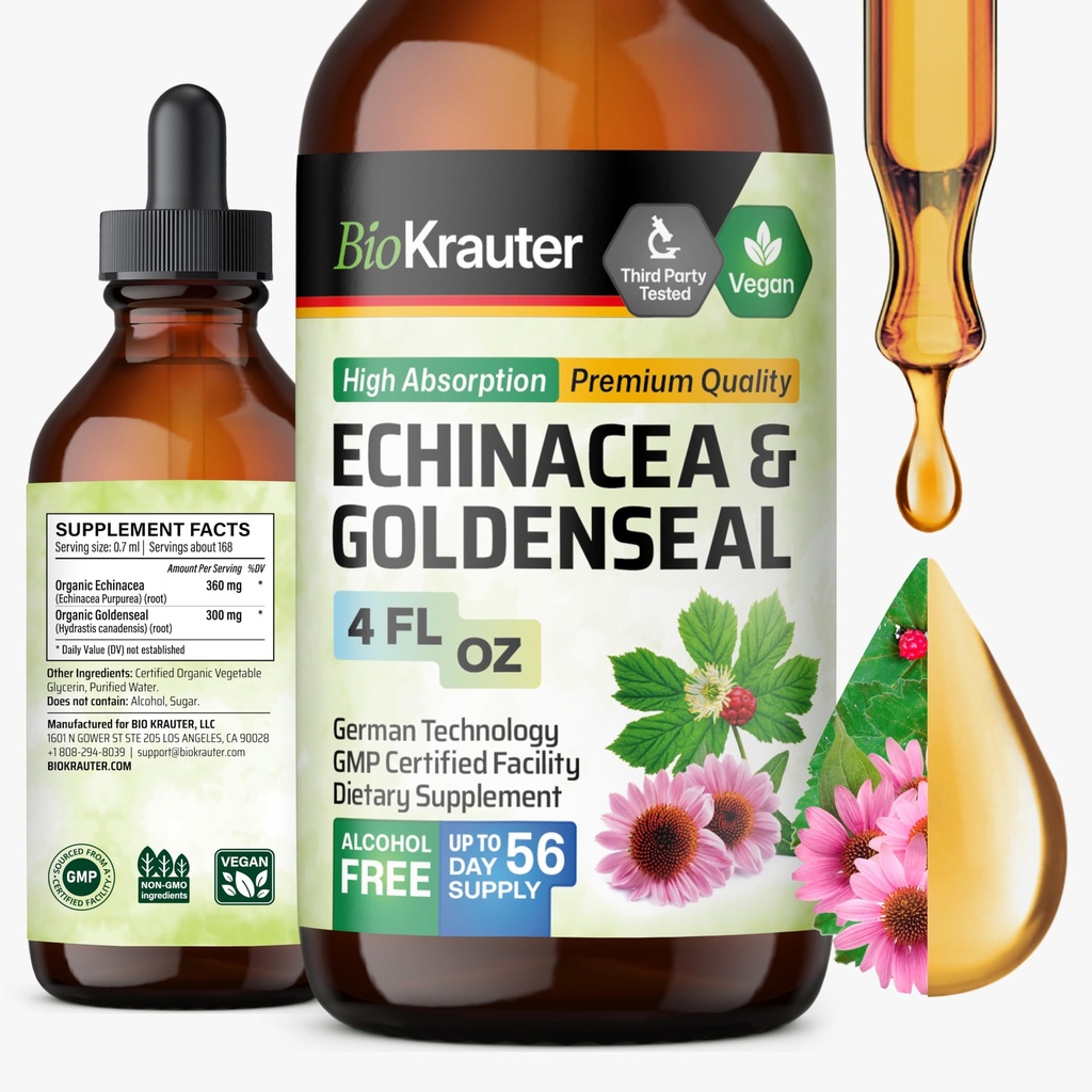 BIO KRAUTER Echinacea和金矿根液体提取法 - 天然免疫支持法 - Echinacea Drops with Goldenseal - Vegan,酒精和无糖锡 - 4 Fl.Oz.