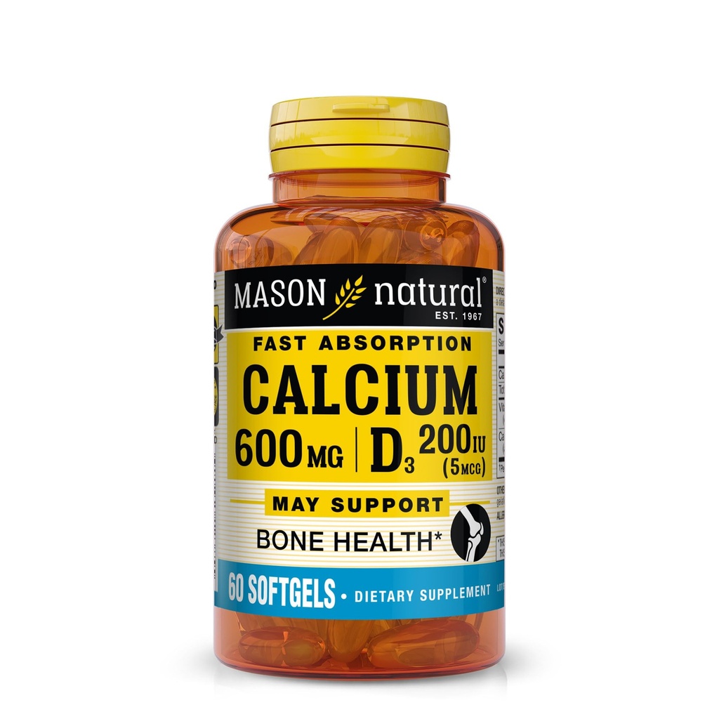 MASON NATURAL 含有维生素D3的快速吸收钙 - 加强肌肉功能,支持健康骨骼和整体健康,60软胶