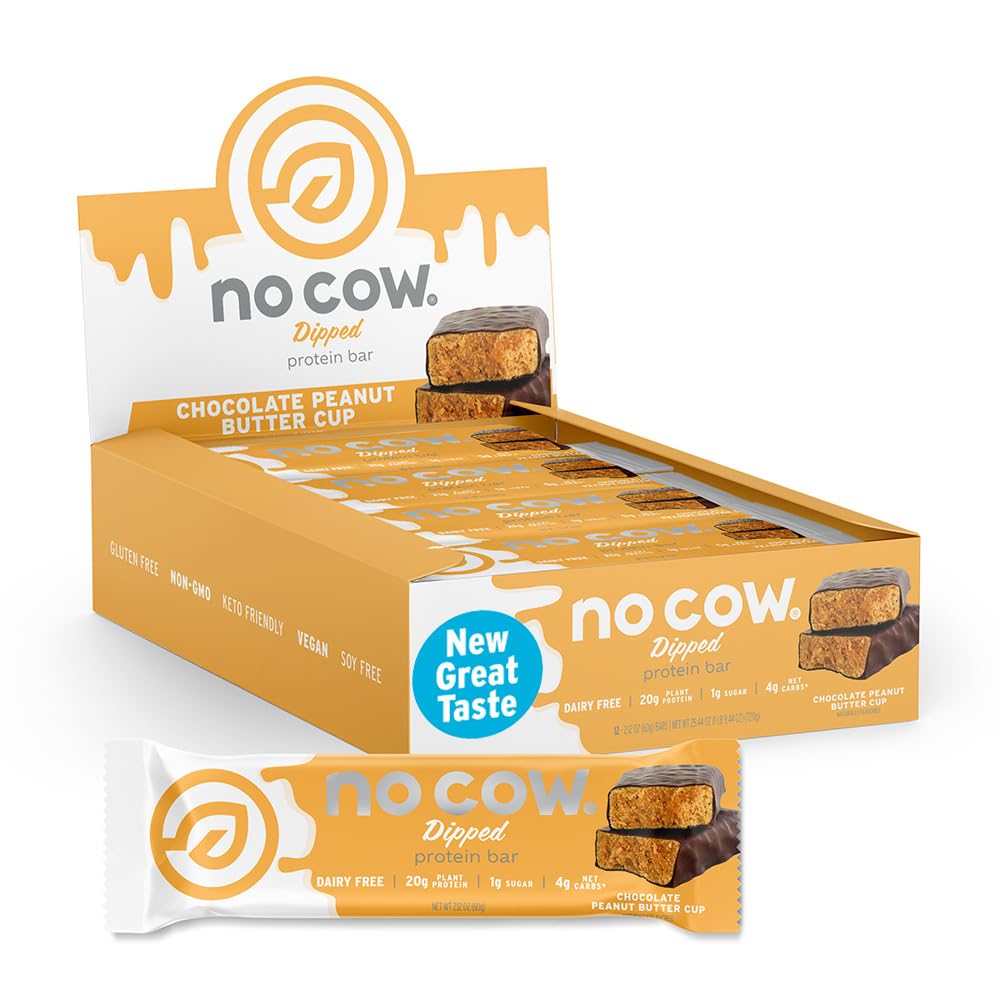 No Cow Vegan Protein Bars, Upgraded Peanut Butter Cup | 20g Plant Based Protein, Gluten Free, Dairy Free, Soy Free, Keto Friendly, Low Sugar, High Fiber Snack Bars | Pack of 12