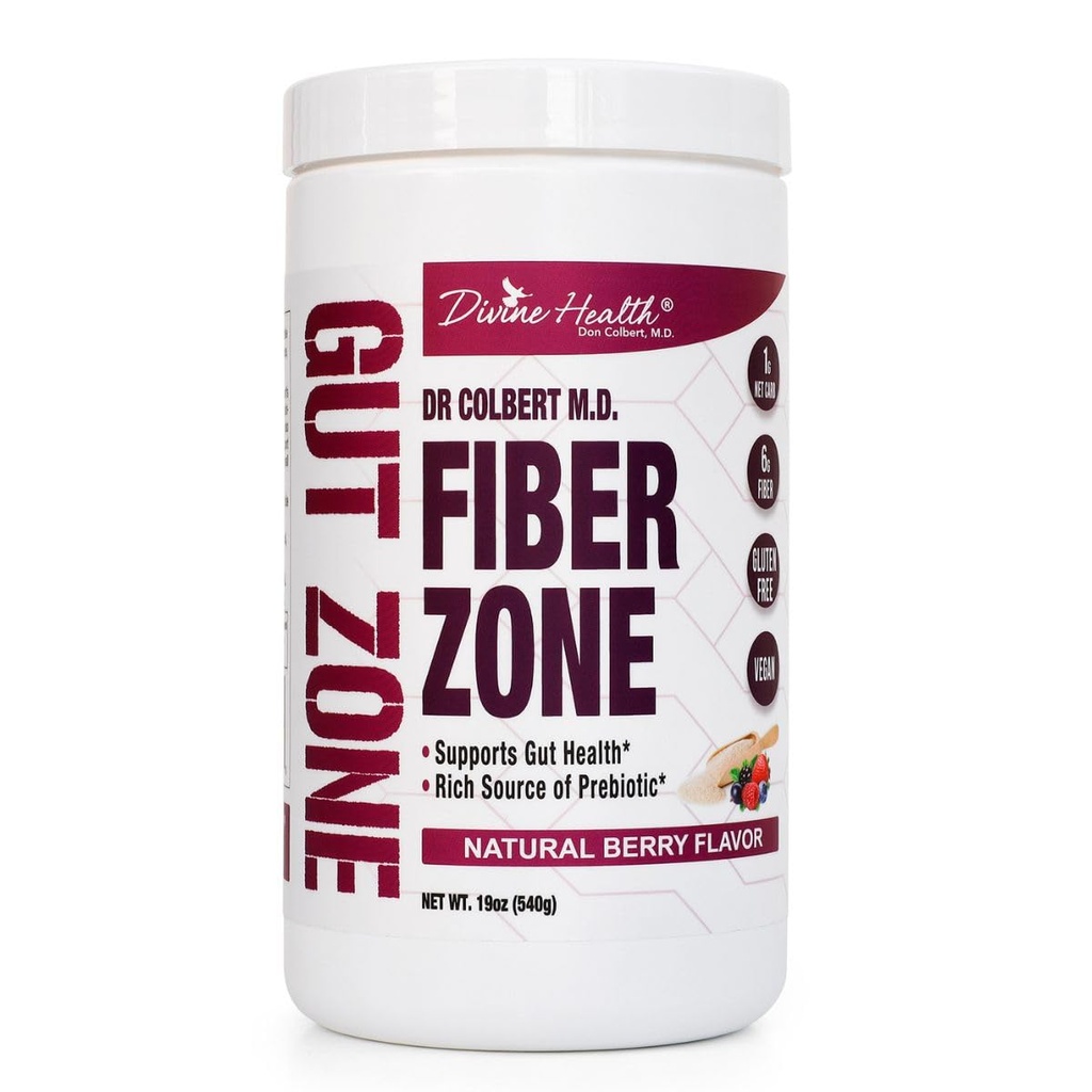 Divine Health Dr. Colbert, MD Fiber Zone 粉末 贝里 Flavor Prebiotics = 6g Psyllium Husk & Inulin Fiber = 健康古特区手册推荐 = 19 oz = 60 服务