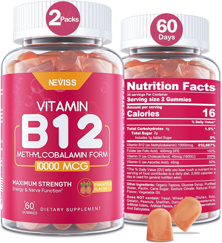 NEVISS 维生素B12 1000 mcg(Methyl B12) 含维生素D3,B9 维生素Folate,维生素C,用于能源促进和代谢,神经系统,强骨,免疫支持,低糖,120个计数