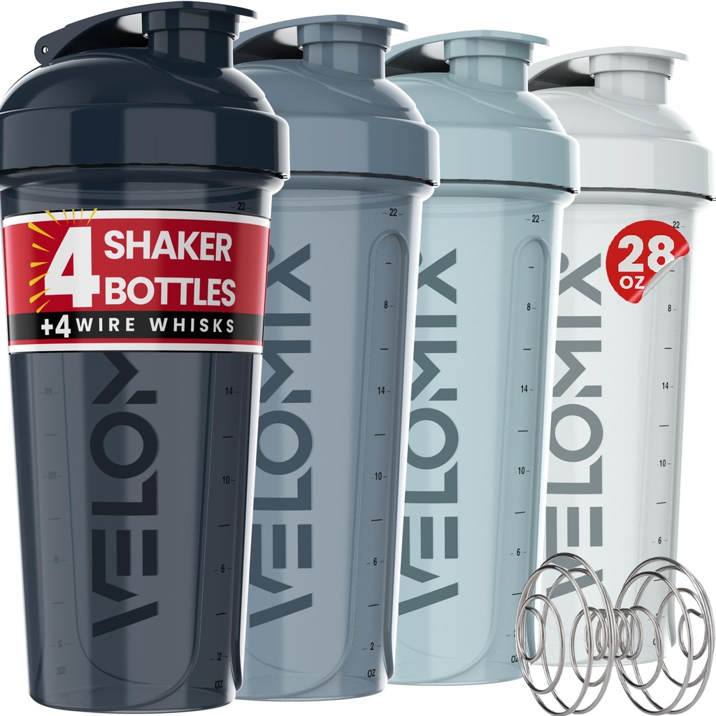 VELOMIX -4 PACK 28 OZ 蛋白质杂交瓶 - 4x Wire Whisk → Leak Proof Shaker 杯 蛋白质杂交瓶 → 蛋白质杂交瓶 → 蛋白质杂交杯 (水深)