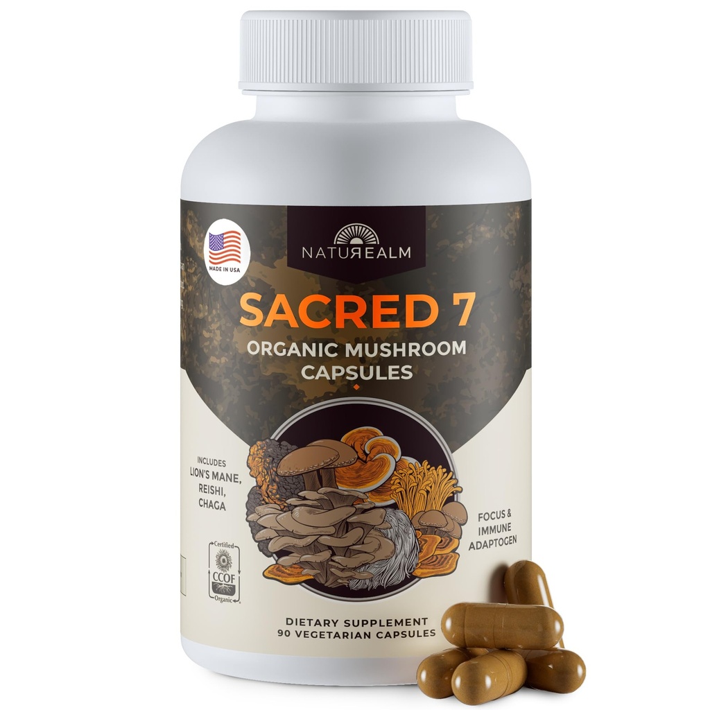 Natalm Saint 7 Organic Mushroom 抽取 Capsules - Premium 7 Mushroom Supplement with Lions Mane, Reishi, Chaga - USDA 有机免疫支持与焦点 - 90 蔬菜 Capsules