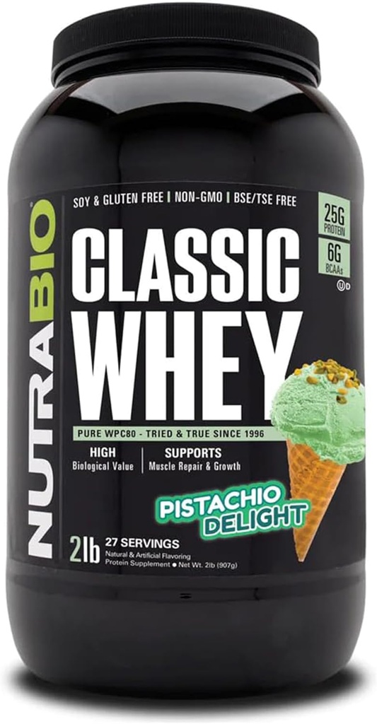 NutraBio Classic Whey蛋白粉 - 25G 蛋白质 Per Scoop - Full-Spectrum 氨基酸简介 - 无填料,人工颜色,防腐剂 - (Pistachio Delight, 2英镑)