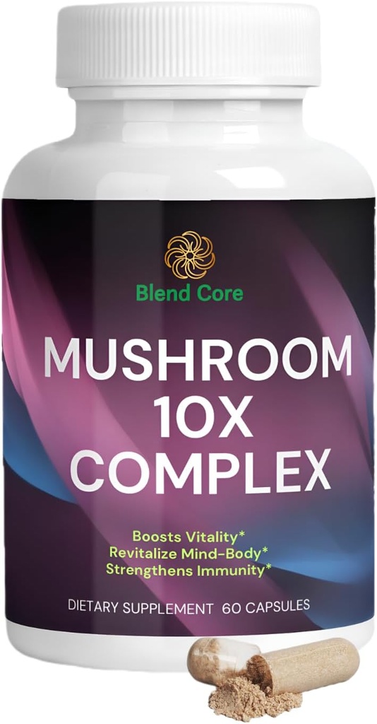 蘑菇 10X Complex - Lions Mane, Reishi, and Cordyceps - 自然能源与压力救济的补充 - Imune Boost - 焦点与记忆 - 自然与非GMO
