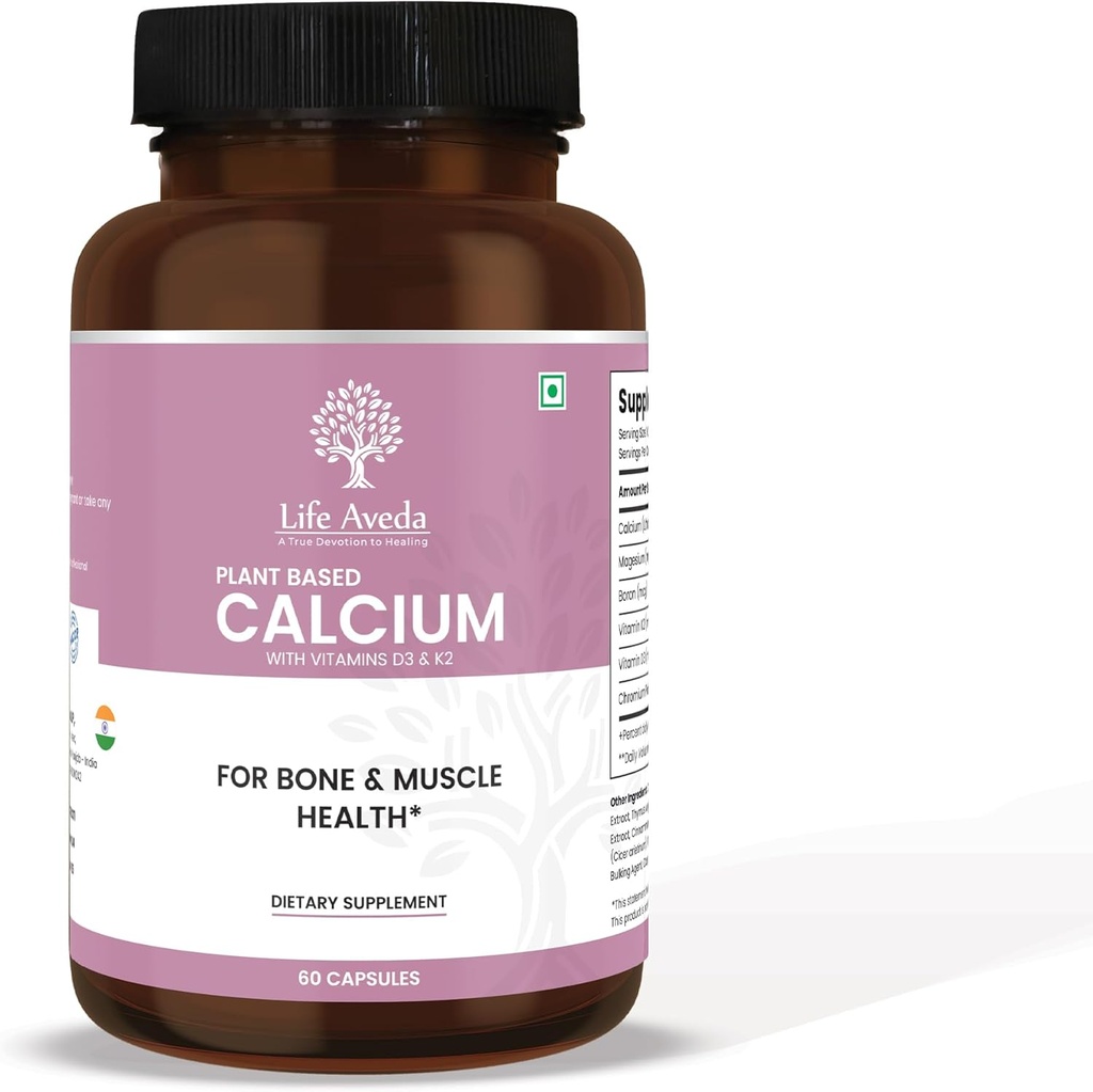 Life Aveda Plant-Based Calcium Supplement with Vitamin D3, K2 and Magnesium | 500mg | Bone Strength, Joint Health, Teeth & Muscle Function | 60 Veg Capsules | 3X Calcium Absorption for Men & Women
