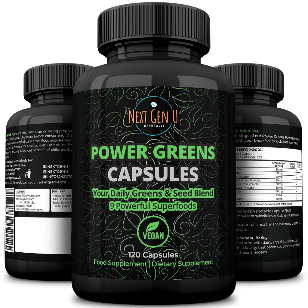 超级绿地 - 免疫系统支持 - 500 mg 120 Vegan Capsules - 超级食品用于日常助推 - 健康 Keto Blend with Acai, Wheatgras, Guana, Chlorella, Flaxseed, Matcha, Maca - by NextGenU
