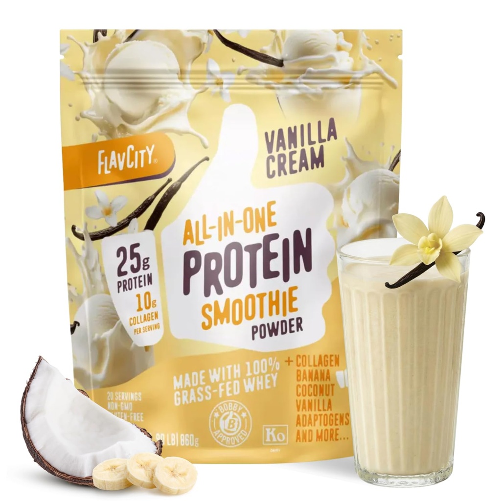 FlavCity Vanilla All in One Protein Shake Powder - 在Go Meal 替代品 + Collagen Peptides, Reishi & Cordyceps - 聚焦,皮肤,头发和联合支持 - 100%草药 20位服务员