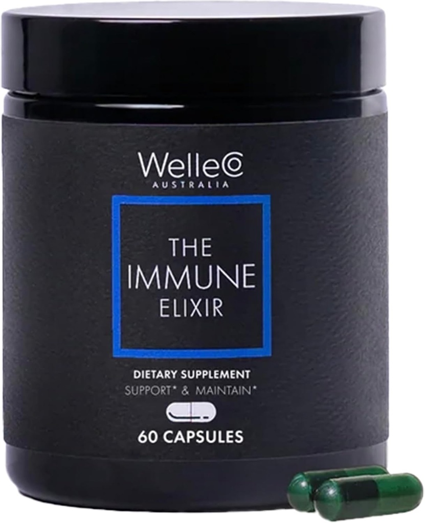 WelleCo the Immune Elixir, 含有维生素C、锌、长老莓、Astragalus和Reishi蘑菇的免疫辅助剂,基于植物的成人日豁免促进剂,60 Capsules
