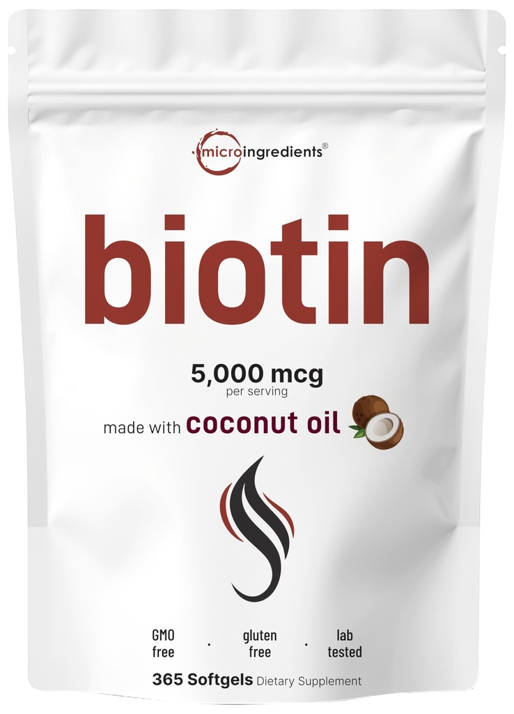 Biotin 5000mcg 365 Virgin Coconut Oil Softgels, 快放, 一年供应 QQ支持健康的头发,皮肤, & 钉子 QQ Non-GMO, No Gluten