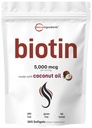 Biotin 5000mcg 365 Virgin Coconut Oil Softgels, 快放, 一年供应 QQ支持健康的头发,皮肤, & 钉子 QQ Non-GMO, No Gluten