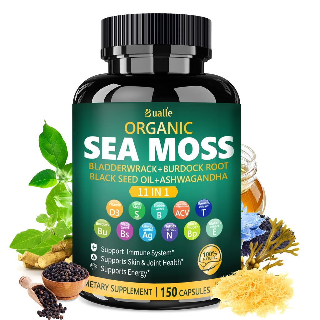Bualle 爱尔兰海 Moss Capsules – 有机海 Moss,黑种子石油 Ashwagandha 补充品 Bladderwrack, Ginger & Burdock Root – 支持每日健康,皮肤与能源 150 Capsules (1包)