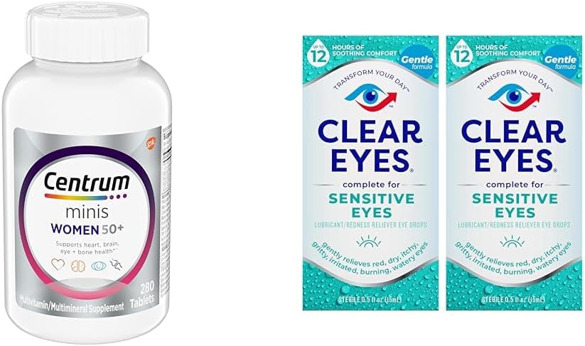 Centrum Minis Silver Women's Multivitamin for Women Plus, 配有维生素D3, B维生素, 非GMO成份, 支持老年人的记忆和认知 - 280 Ct & Clear Eyes,敏感眼睛,眼滴, 0.5 Oz, 2 Pack