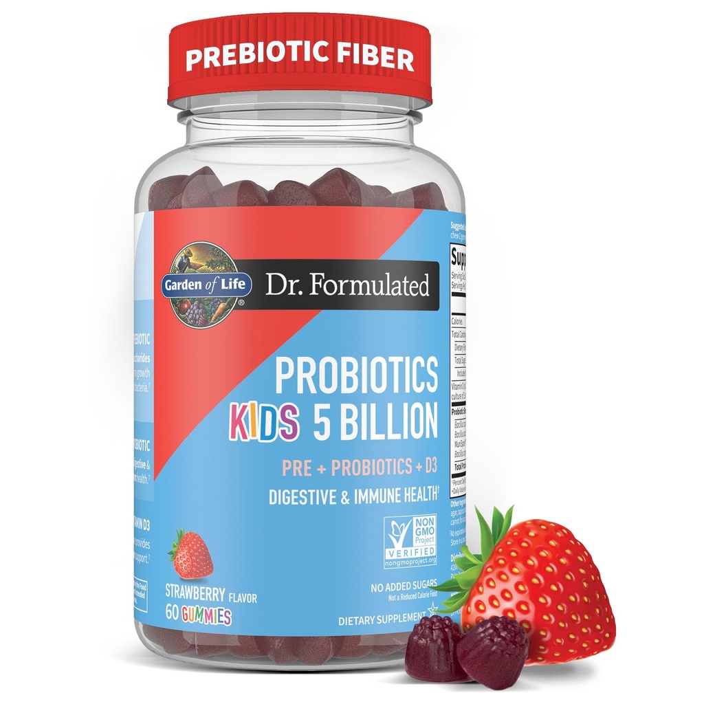 设计了5亿CFU Prebiotive Fiber, Probiotic and Vitamin D3 Gummys for Kids Digestive & Immune Health - Gluten Free, 非转基因生物, 无添加糖,草莓Flavor, 60 Gummys