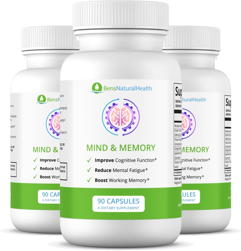 Ben's Natural Health Mind & Memory Supplement, Nootropic Brain Support with Rhodiola, Green Tea, Cloves & Quercetin, 90 Capsules, 3 Pack (英语).