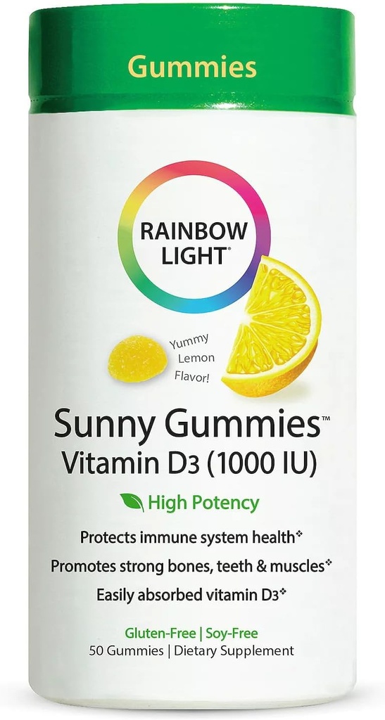 彩虹光 - 阳光Gummys Vitamin D3 1000 IU,支持健康骨骼,肌肉,以及家庭友好烹饪中与维生素D3,无豆,无糖,酸柠檬,50 Gummy Drops的豁免.