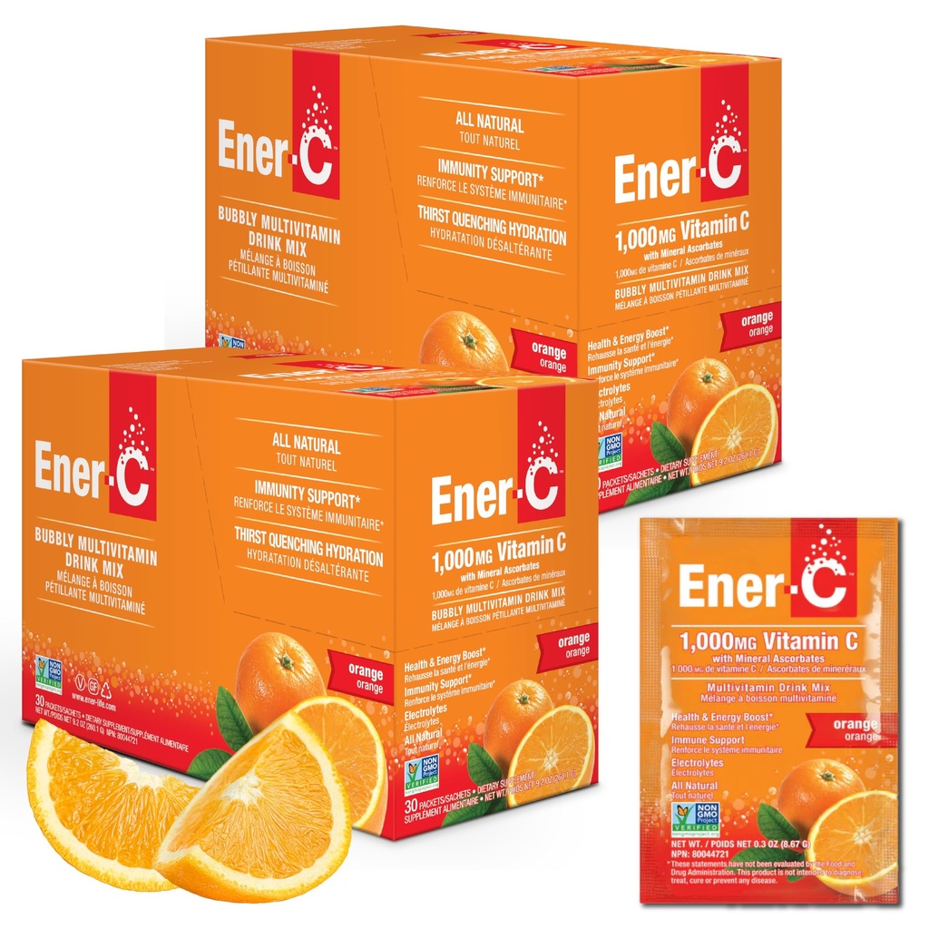 Ener-C Multivitamin Drink Mix - Vitamin Packets for Water, Electrolytes Powder Packets, Vitamin Drink Mix, Hydration Liquid Mix, Immune Booster for Adults, Healthy Energy - Orange, 60 Count