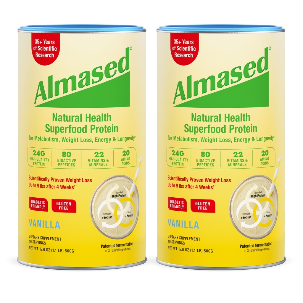 Almased Vanilla Meal 替代摇摆 - 低甘油高厂基蛋白粉 - 营养体重健康支持补充剂 - Vanilla Flavor - 17.6 oz(1.1英镑(2包))