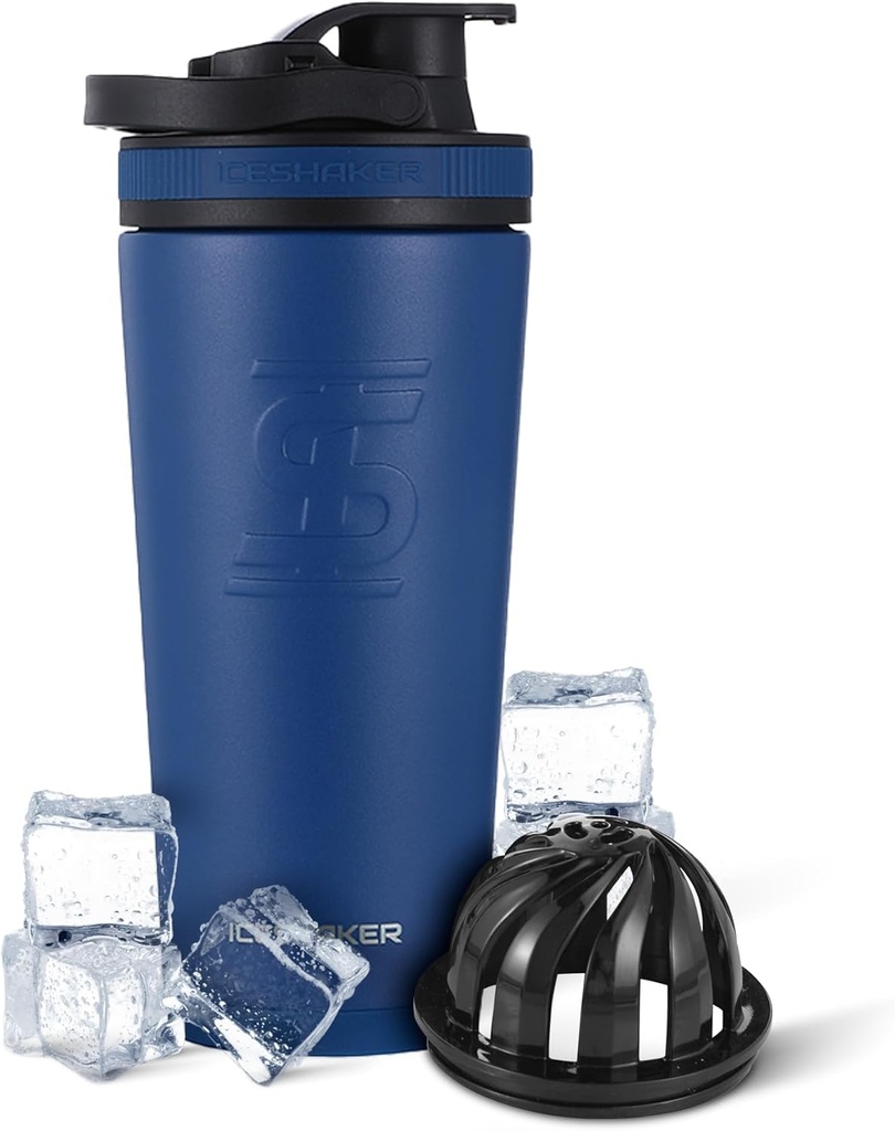 冰沙克 绝缘无色钢沙克瓶 26oz,海军 30+小时冷 30+小时 绝缘杯 与Twist-on Agitator QQ Odor-Free瓶 蛋白质沙克,水,滑,鸡尾酒