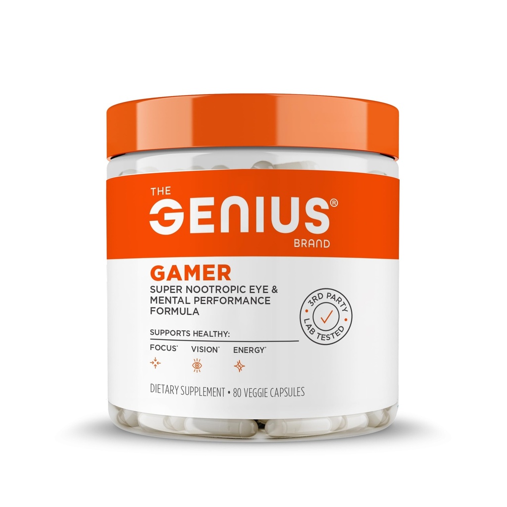 Genius Gamer, Gaming Focus Supplement, 80 Pills - Elite Nootropic 性能促进器 - Boost Brain & Mental Clearity, 反应时间和浓度 - 蓝光支持与Lutemax