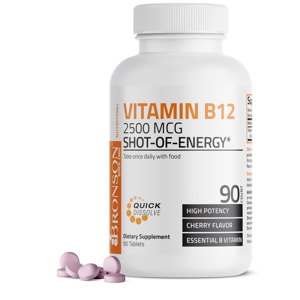维生素B12 2500mcg Shoot Of Energy Fast Solve Chewable Tables - 快速释放樱桃火焰 亚语 B12 维生素 - 支持神经系统,健康脑功能 能源生产 - 90 Counter