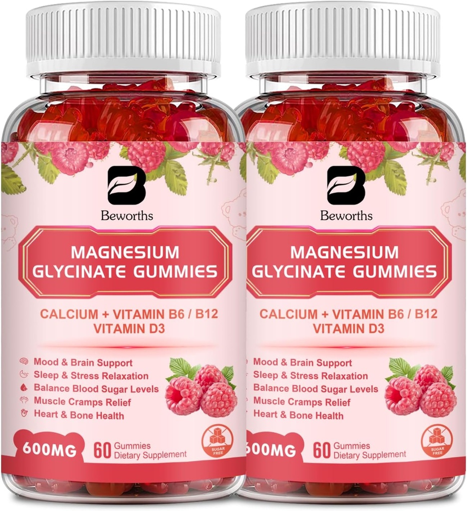 (2包) 600 Mg 镁 甘油酸甘油, 镁补充 复合 镁 枫酸甘油, 镁 甘油酸甘油和钾, 支持夜和联合, 能源靴, Vegan & 0-Sugar, Raspberry 120 Count
