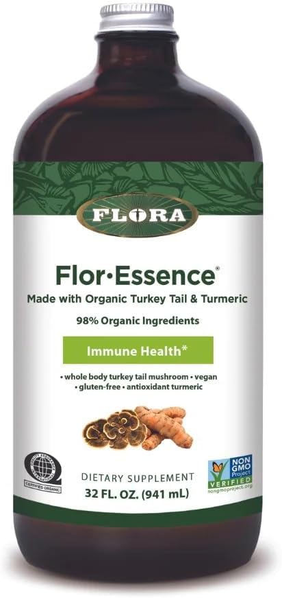 Flora Health Flor-Essence with Turkey Tail & Turmeric, 富含聚沙查里得,35+ Phenolic 化合物有抗氧化剂和豁免支持,32-fl. oz. 玻璃瓶