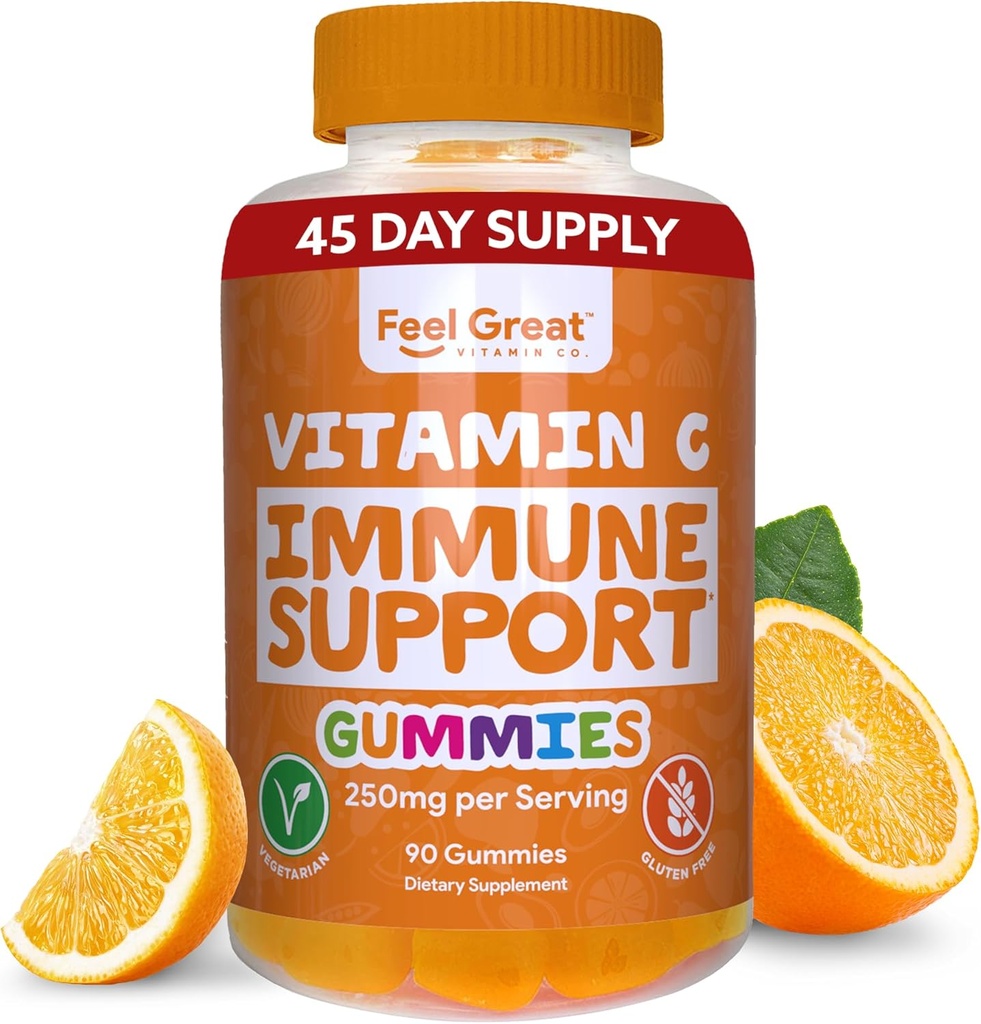 成人和孩子的维生素C Gummys,由Feel Great Vitamin Co. & 90 Orange Flawared Gummys – 豁免支持,植物类水果培丁
