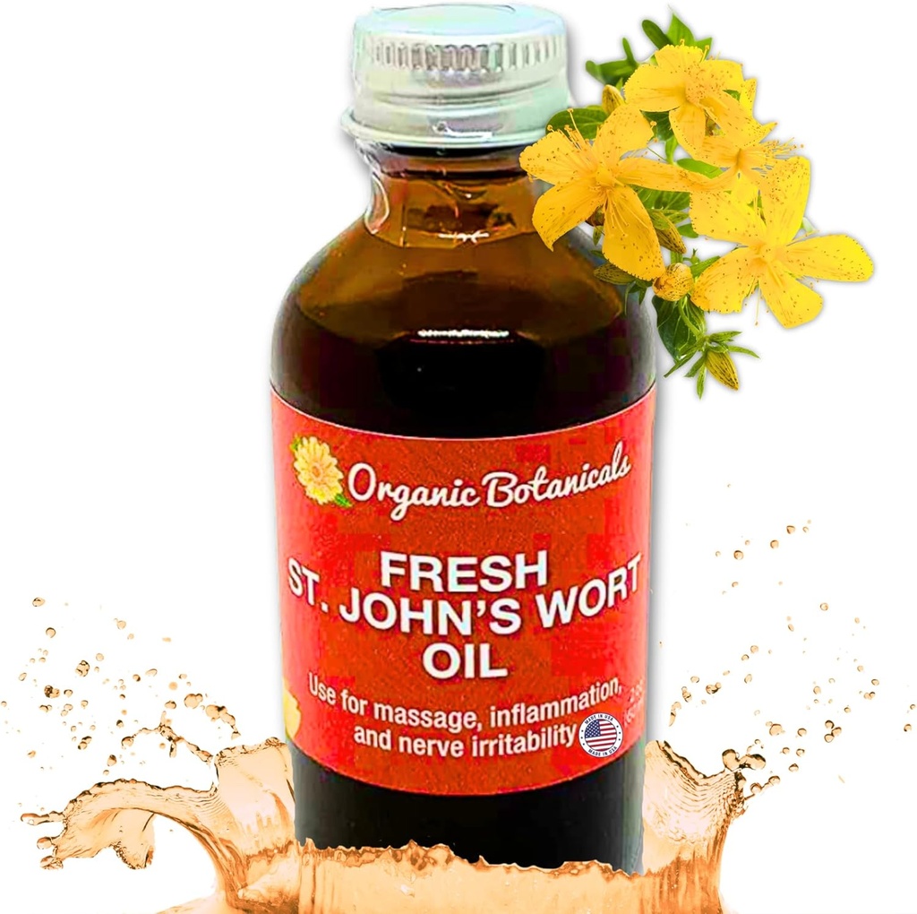 Em的草本植物新鲜的St. John's Wort Oil - 在美国的野生采伐, Nerve Disforest, Skin Eruptions, 伤者护理, 刀疤和伸展标记 - 皮肤,脸部,身体,头发,按摩油(2 Oz)