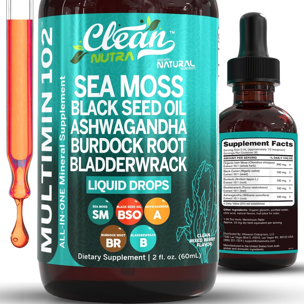清洁的努特拉有机海 Moss Drops Supplements – 黑种子爱尔兰海摩斯 Ashwagandha Burdock Root & Bladderwrack – Gut Heath 能量皮肤支持和发型的多矿物液体 Vegan