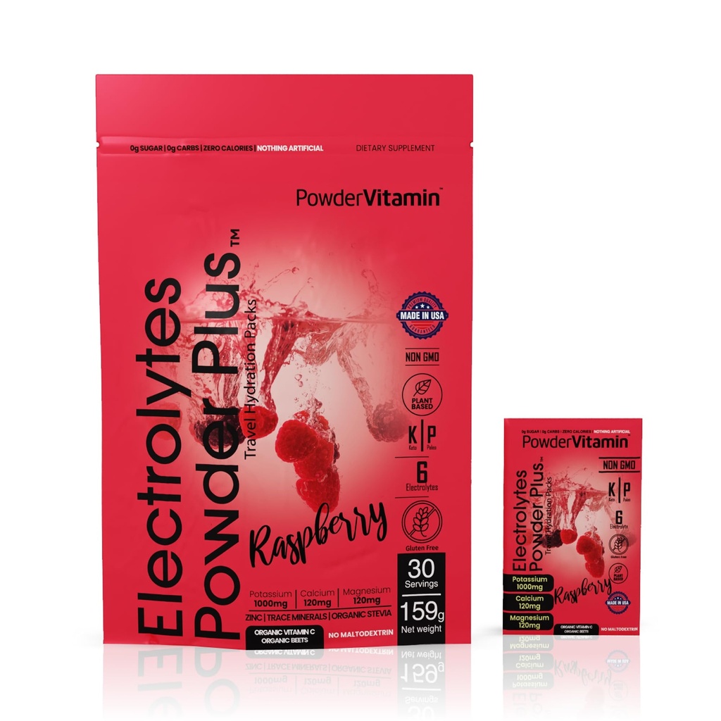 PowerVitamin Electrolytes Powder Packets - Raspberry - Keto Electrolytes for Daily Energy - Hydration Powder with 1000mg Potassium, 120mg Magnesium, Zero Calories - 30 Hydration Packets