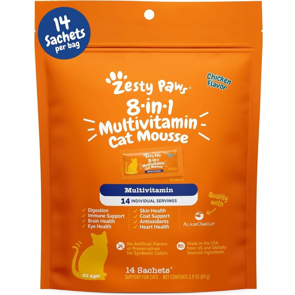 Zesty Paws 8-in-1 多维特敏猫维生素和补充剂 Mousse – 室内猫用猫用维生素 – Gut, Immune, Heart, Skin & Coat Supports - 鸡用14cmt