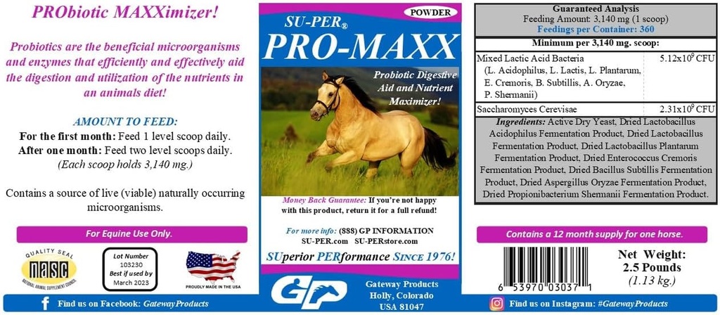 SU-PER 对马的亲Maxx Probiots - Equine 消化剂援助和营养物最大化剂 - 保持适当的脂肪健康和微生物平衡 - 2.5英镑(2包)