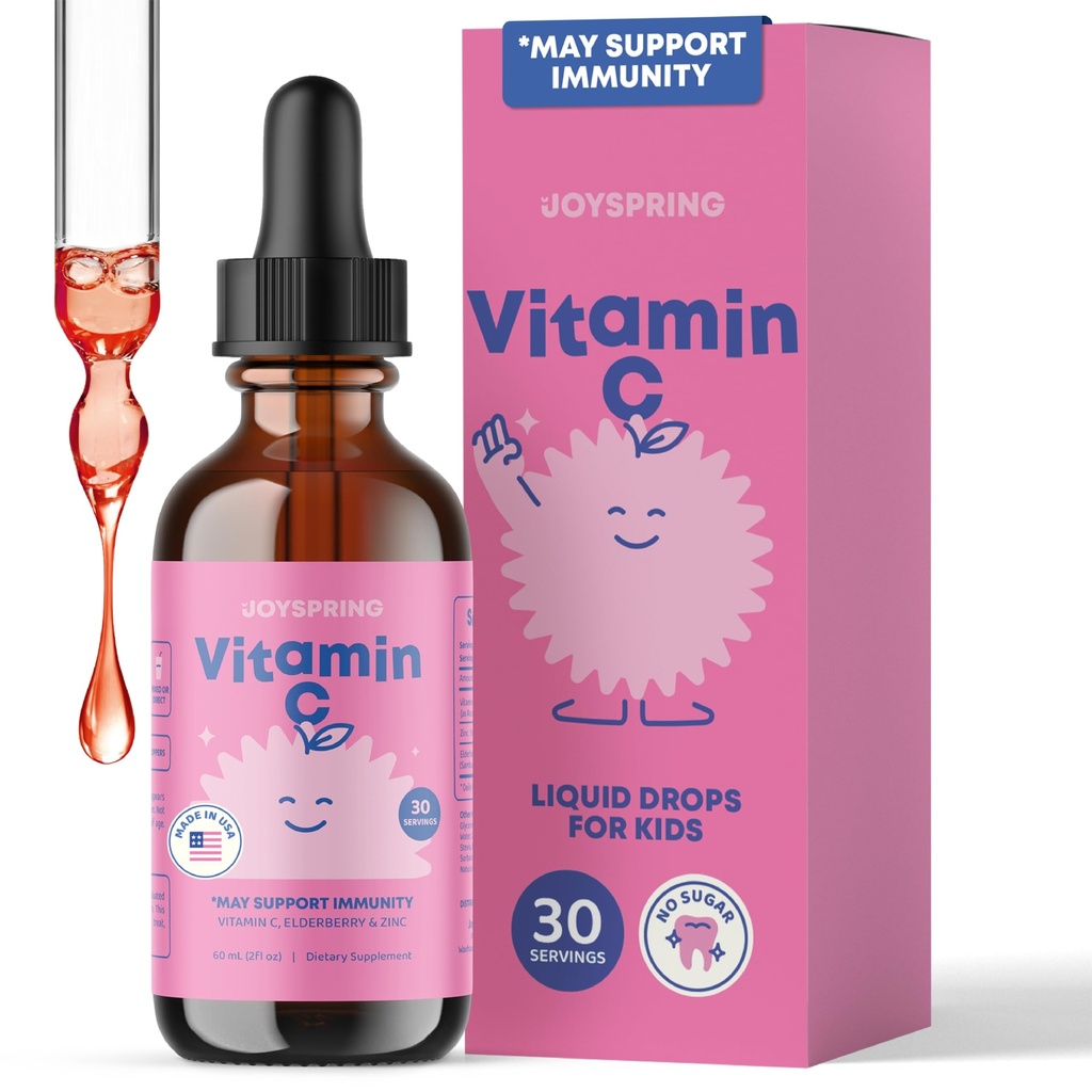 JoySpring Vitamin C and Zinc for Kids, 百草莓液体补充 QQ无酒精托德勒 维生素C + 2 + years → 2 fl oz) 30 services.