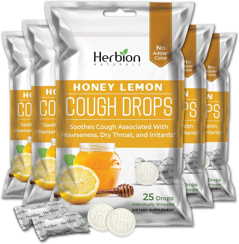 HERBION Naturals Cough Drops with Honey Lemon Flavor, 饮食补充品,Soothes Cough, 供6岁以上的成人和儿童使用,125 Lozenges, 包5