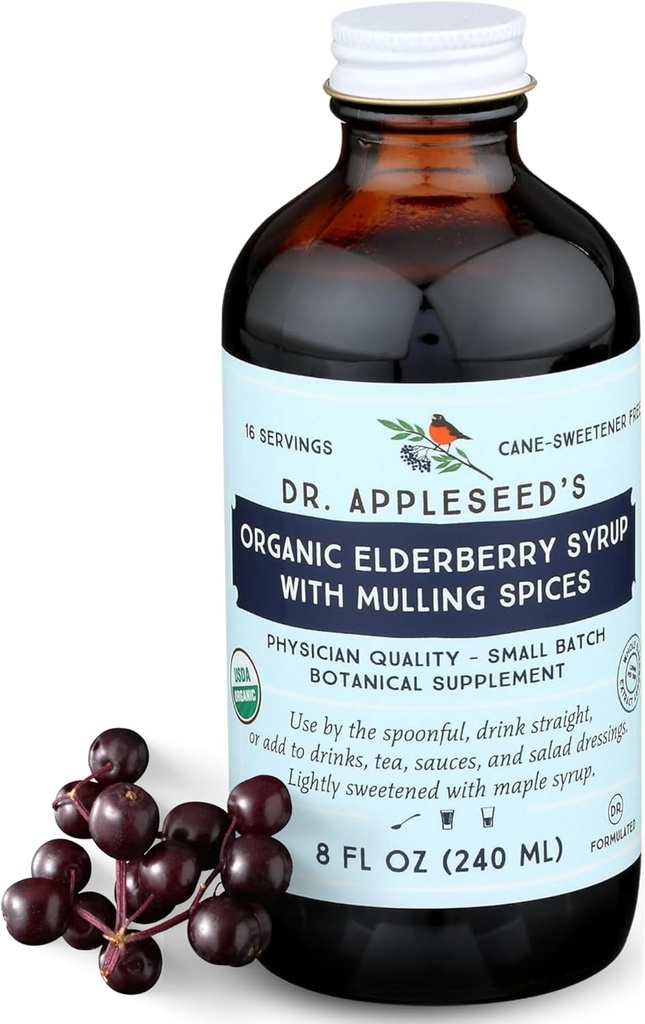 Appleseed博士的有机老年莓 Syrup Max Power 28 000 mg Kids + 成人日报 Immune Supplement Doctor-Producted Science-Backed Pure Vegan 48 Day Supplement – 8 Fl Oz