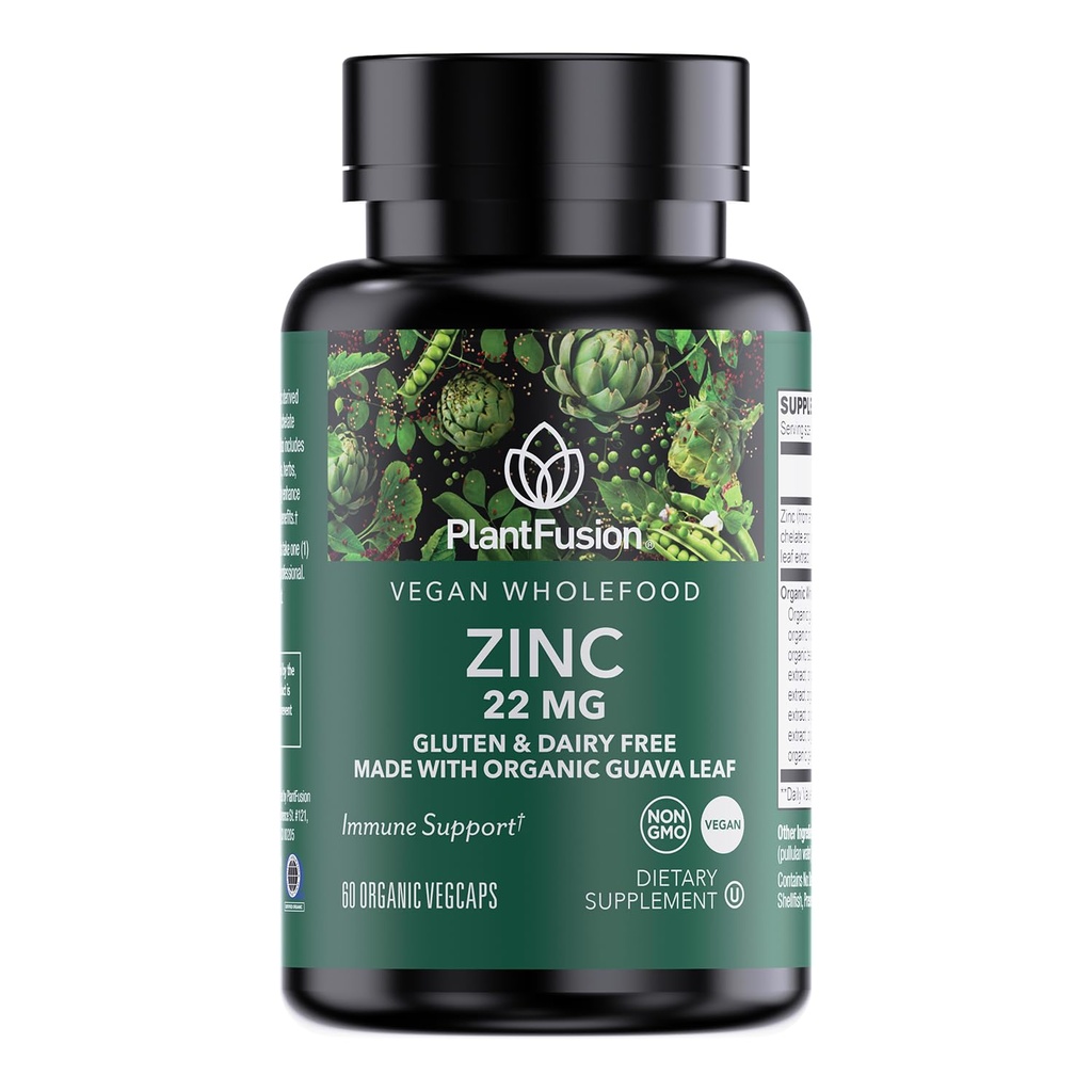 植物融合 Vegan Zinc 补充22 mg – 全食综合体,Chelaed Zinc 来自有机瓜瓦叶支持免疫,60 Capsules