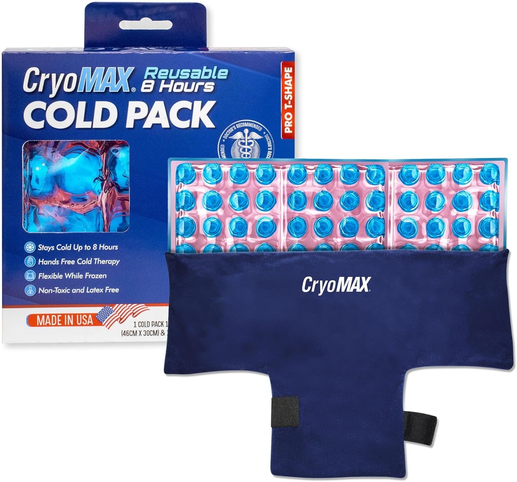CryoMAX 可重复使用的冷包 - 8小时长效冷处理冰包,可调整的可穿戴压缩机Straps,最佳止痛药,伤害药,Hip外科疗效和Migraines - T-Shape(1个计)
