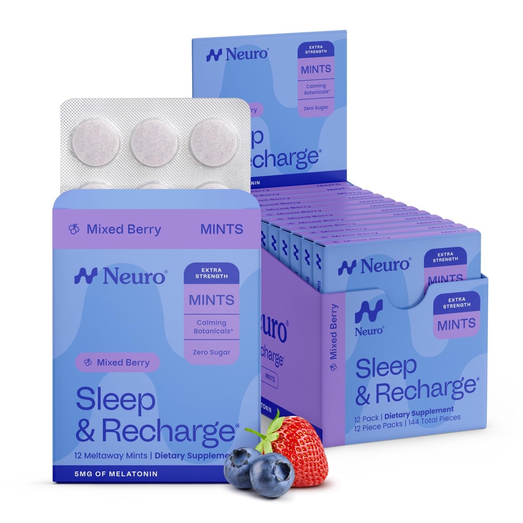 Neuro Melatonin 5mg Sleep & Refecting Mints (144 Pieces) - 快速溶解的 Melatonin 糖类自由薄荷与柠檬 Balm & Chamomile for Better Sleep - 成人冷静睡眠补充 - 夜莓火焰