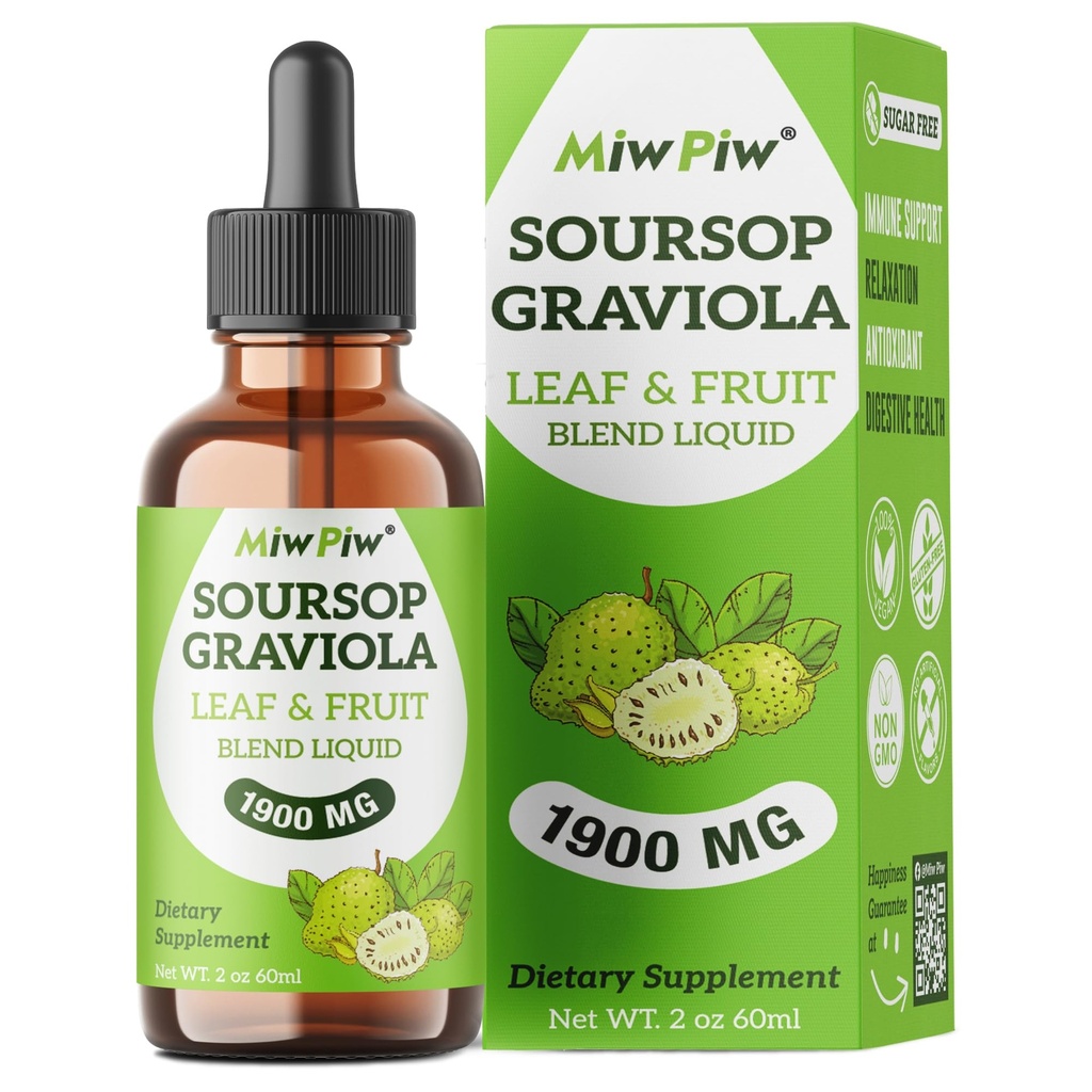 Soursop Graviola Liquid Drops 1900MG 2Fl Oz, Soursop Bitter 叶片提取补充, 睡眠放松支持和 Immune Boost - 无糖,天然火焰,草药良好