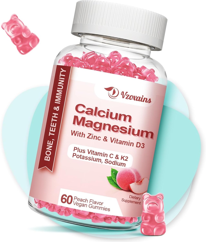 高吸附性钙 Gummys,无糖性钙 Mgnesium Zinc Gummys 含维生素D3的男女,桃仁Flawared 60 Cts