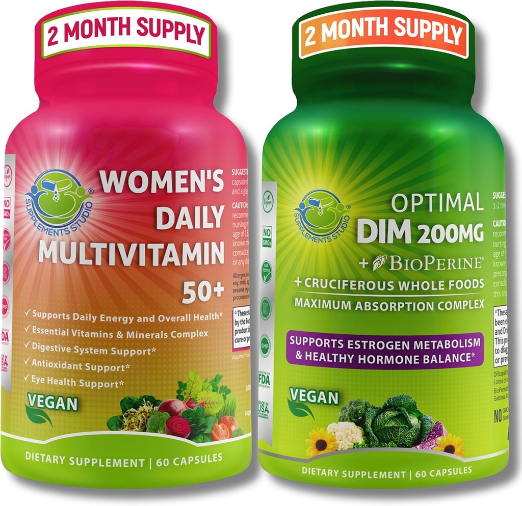 Vegan Bundle for Hormone balance, Energy, University Bundle – 妇女日报多维塔明50+ 有机超级食品Blend + DIM 200mg 补充 BioPerine → 非GMO, 清洁日常健康支持